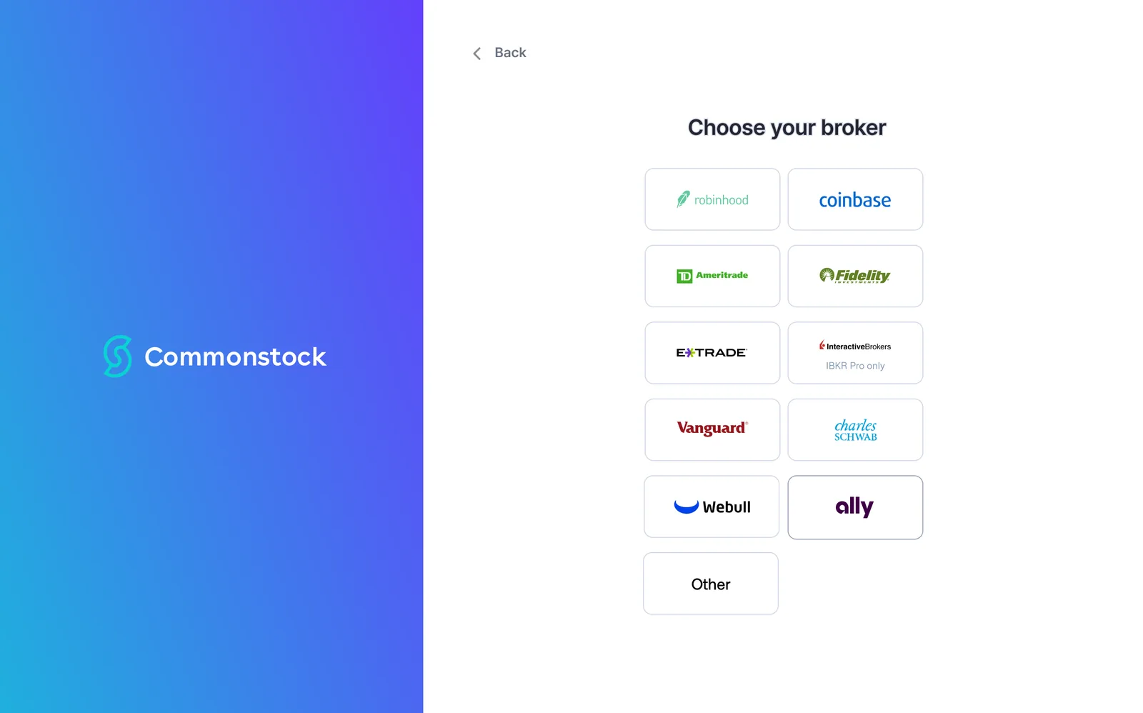 Commonstock web onboarding step titled Choose your broker, with a grid of brokerage logos including Robinhood, Coinbase, Fidelity, E*Trade, Vanguard, Webull and Ally beside a blue-to-cyan brand panel